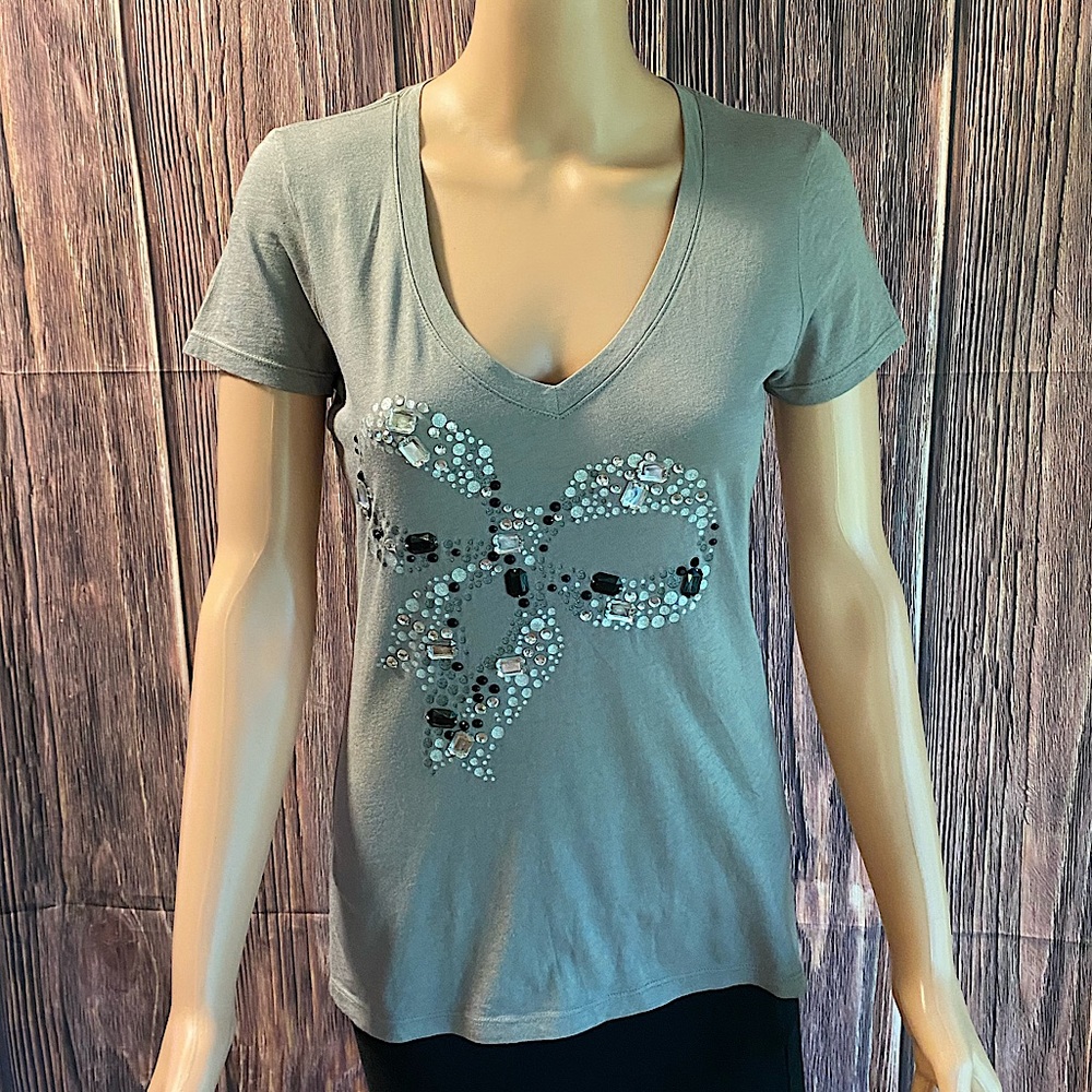 Old Navy size XS gray black & silver bow tie tee shirt with rhinestones